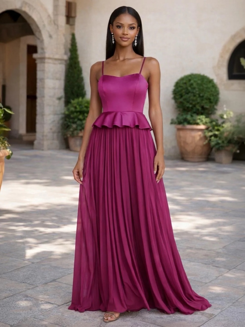 Elegant Fuchsia Peplum Evening Gown - Women Dresses